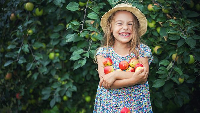 Lachendes Mädchen mit Äpfeln im Arm, Foto: Fotolia